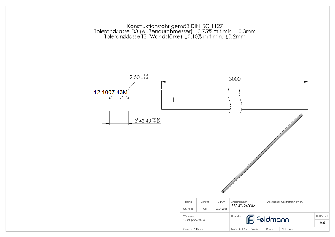 Rundrohr Ø 42-4x2-6 mm á 3 m Edelstahl-12-1007.43M