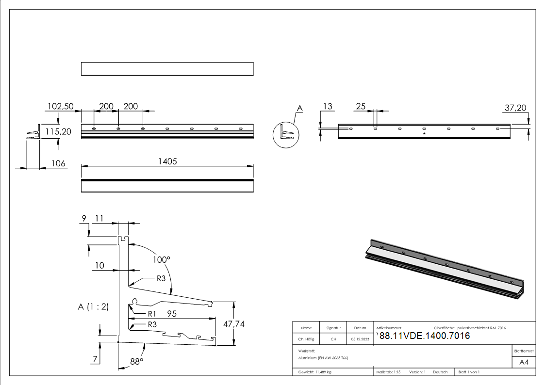 Vordachprofil eleganza canopy- L- 1405mm- RAL7016-88-11VDE-1400.7016