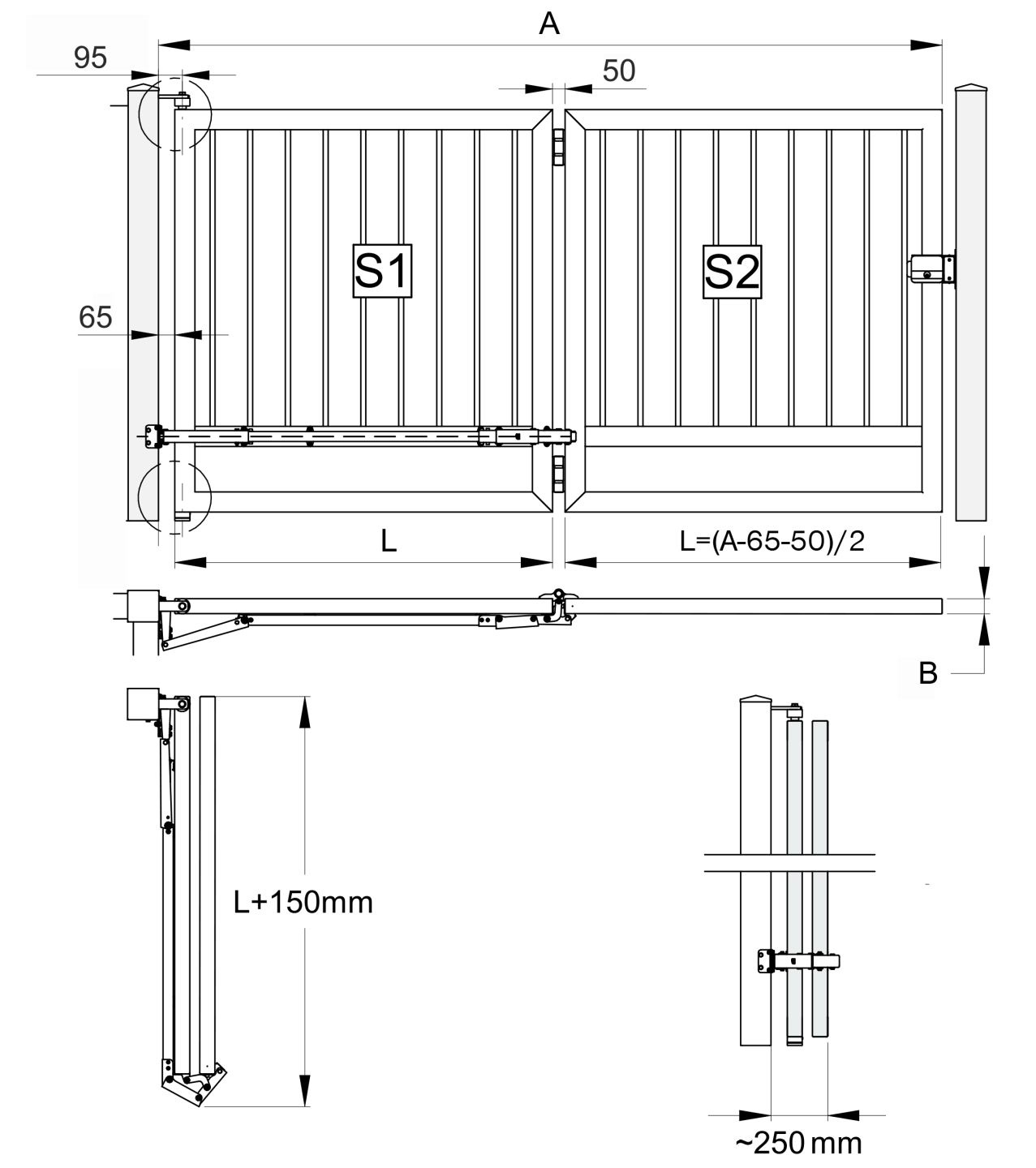 Falttorbeschlag Set Stahl verzinkt fuer Fluegeltore 1900-5000 mm-89-11FS250-A.4