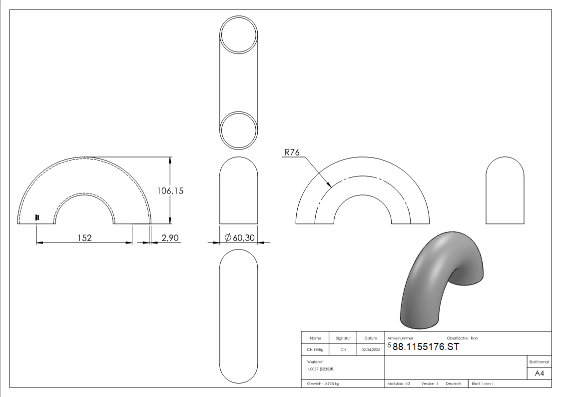 Rohrbogen 180° Stahl roh - 60-3 x 2-9 mm -2- - Bauart  3-88-1155176.ST