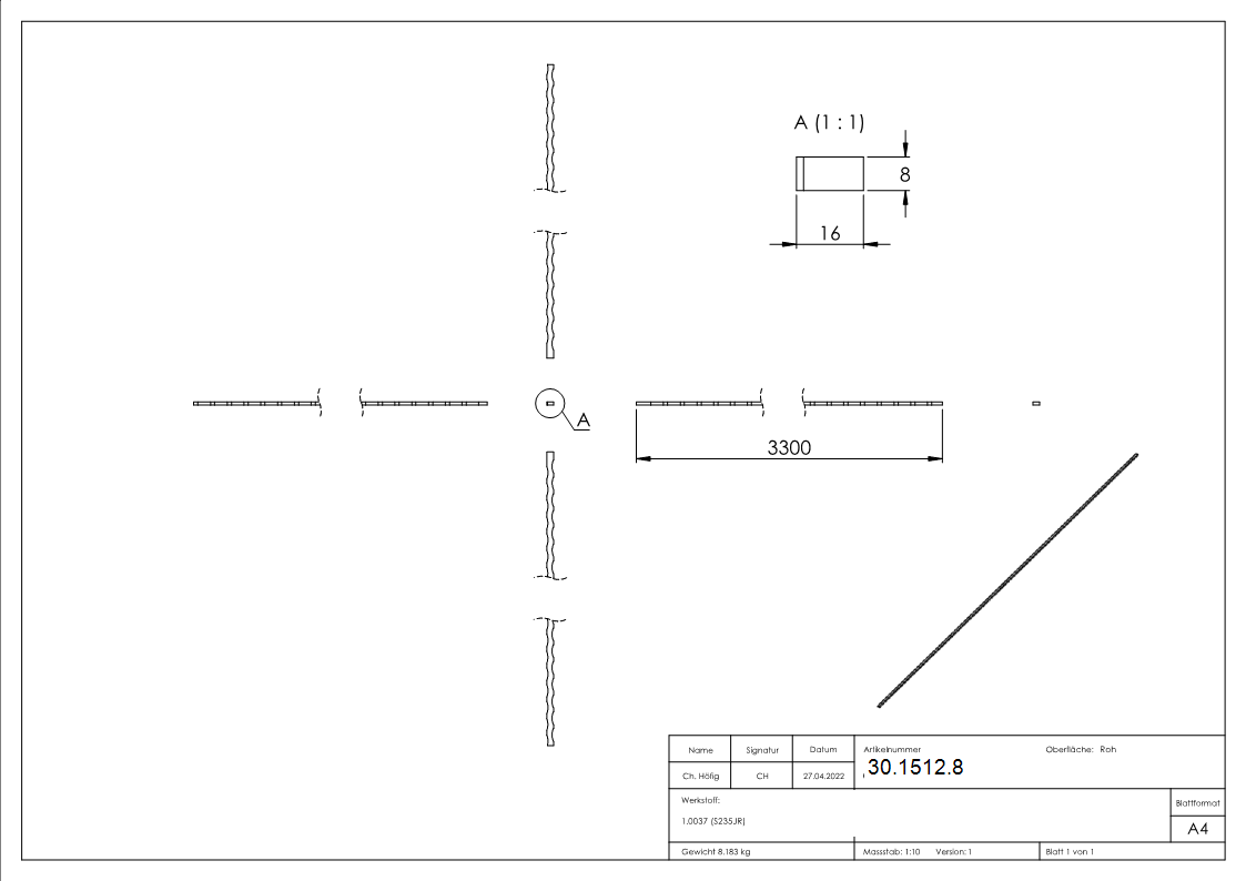 Flacheisen 16x8 mm Kanten gehaemmert 3300mm Stahl S235JR Antik-30-1512.8