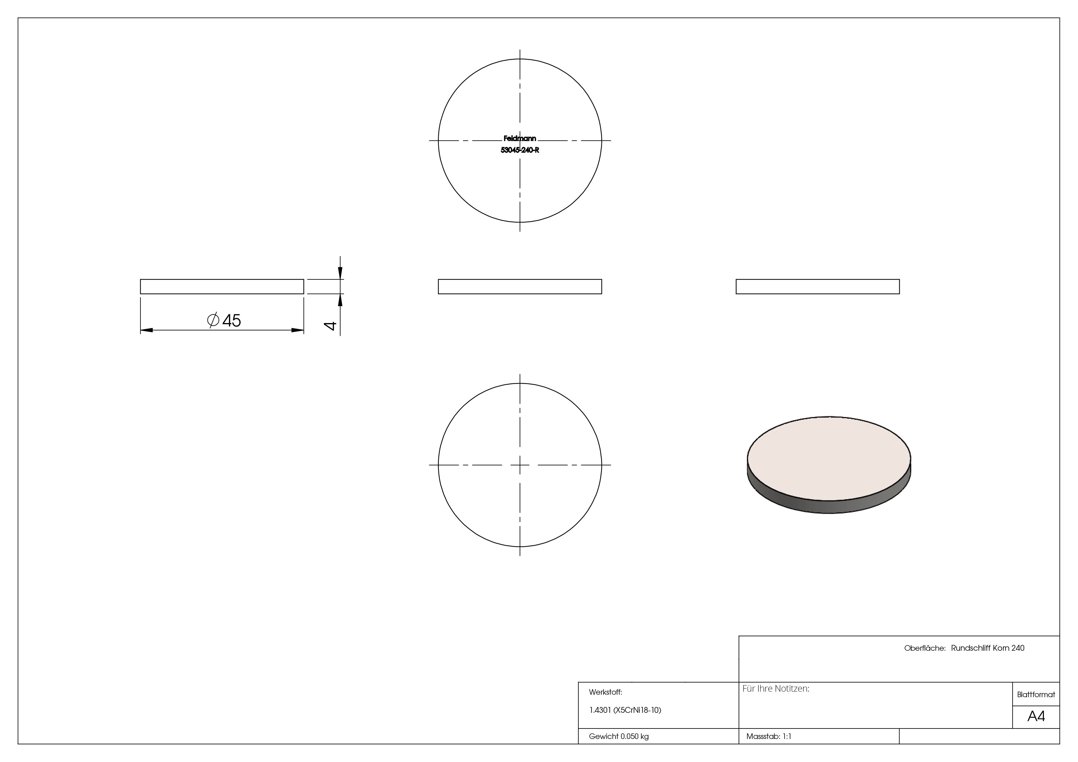 Ebauche circulaire | Dimensions : Ø 45x4 mm | avec meulage circulaire | V2A