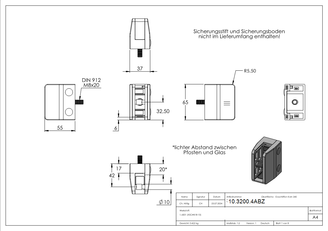 Glasklemme 55x65x37-5 mm AbZ fuer Anschluss flach V2A-10-3200.4ABZ
