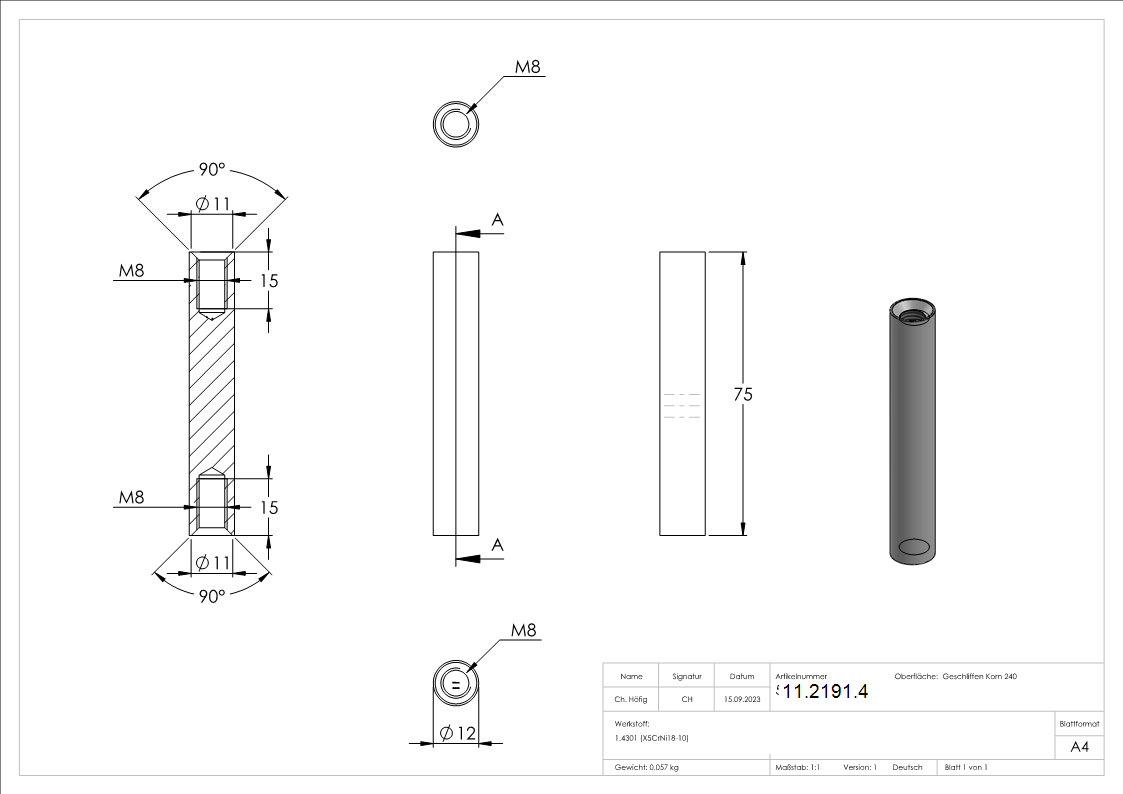 Edelstahl Traegerstift Ø 12 x 75 mm - 2x M8 Innengewinde -V2A-11-2191.4