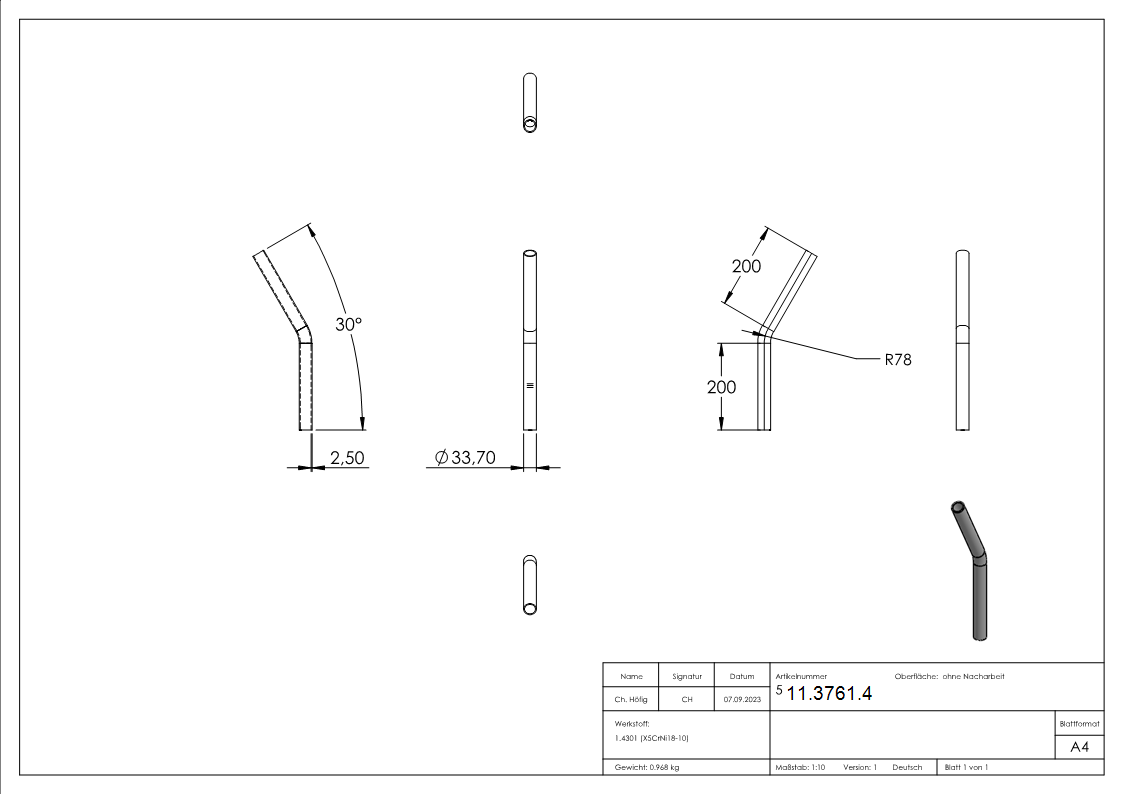 Cintrage 30° | pour soudage | en tube rond : Ø 33.7x2.6 mm | V2A