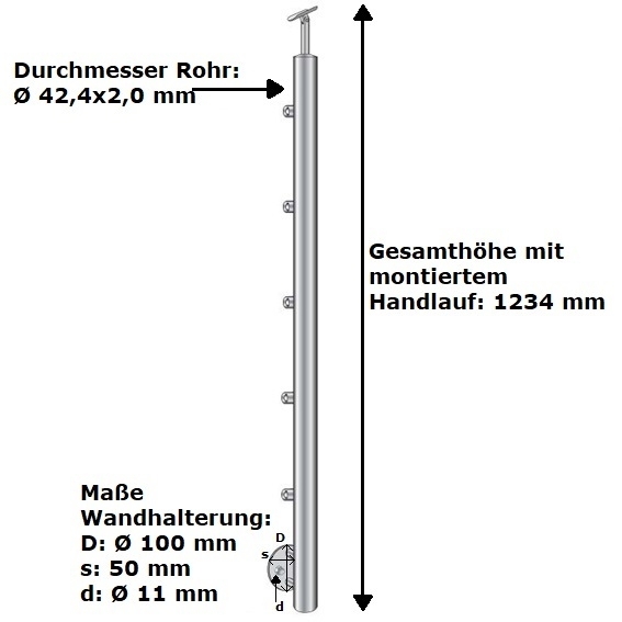 Gelaenderpfosten V2A D42-4x2 mm- 1100 mm- seitl- Montage- fuer Treppe- 5x d12 Fuellung-14-0078RR-A.4