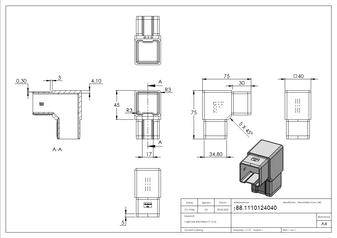 Connecteur 90° pour tube 40x40x2mm, V4A