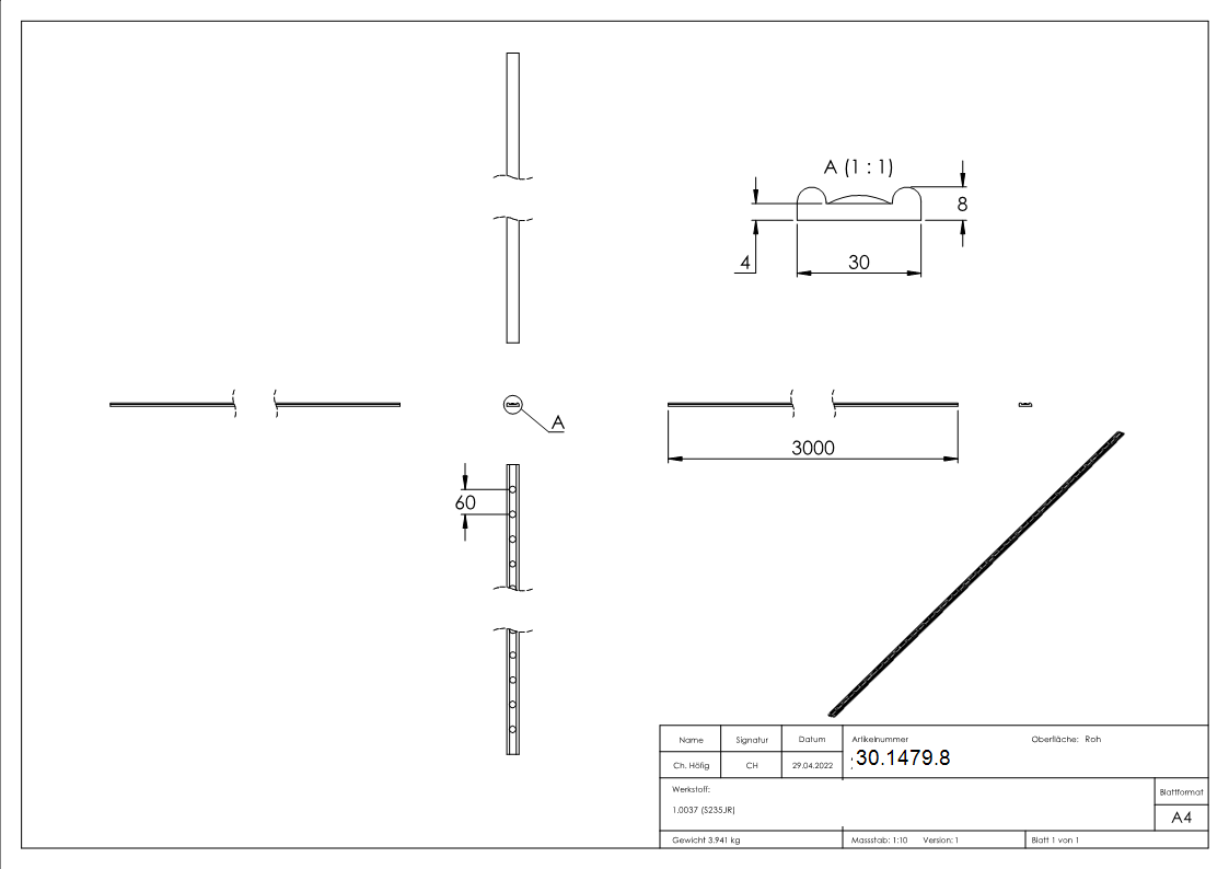 Hespeneisen 30x8x4 mm mit Nietenkoepfen 3000mm Zierprofil-30-1479.8