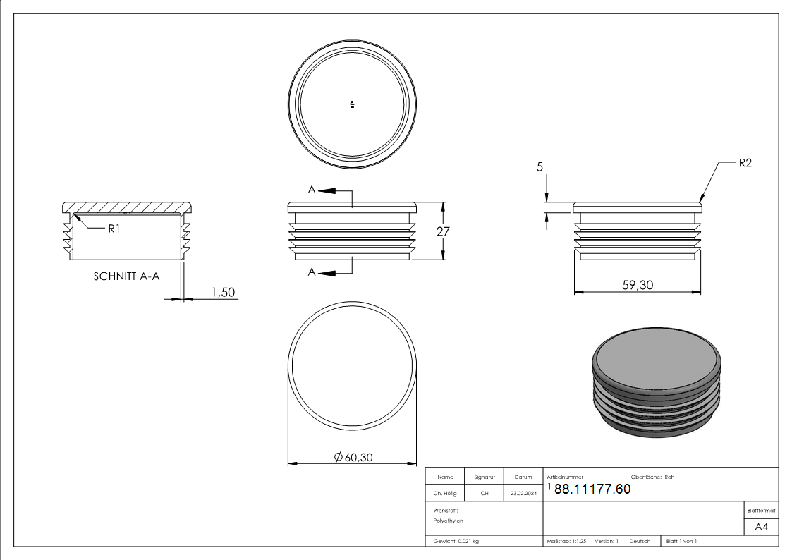 Capuchon en plastique pour tube rond 60.3mm