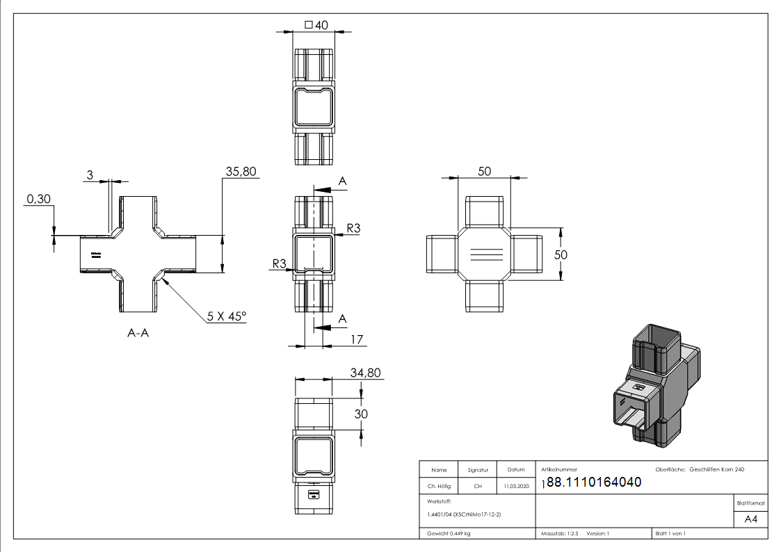 Connecteur pour tube 40x40x2mm, V4A