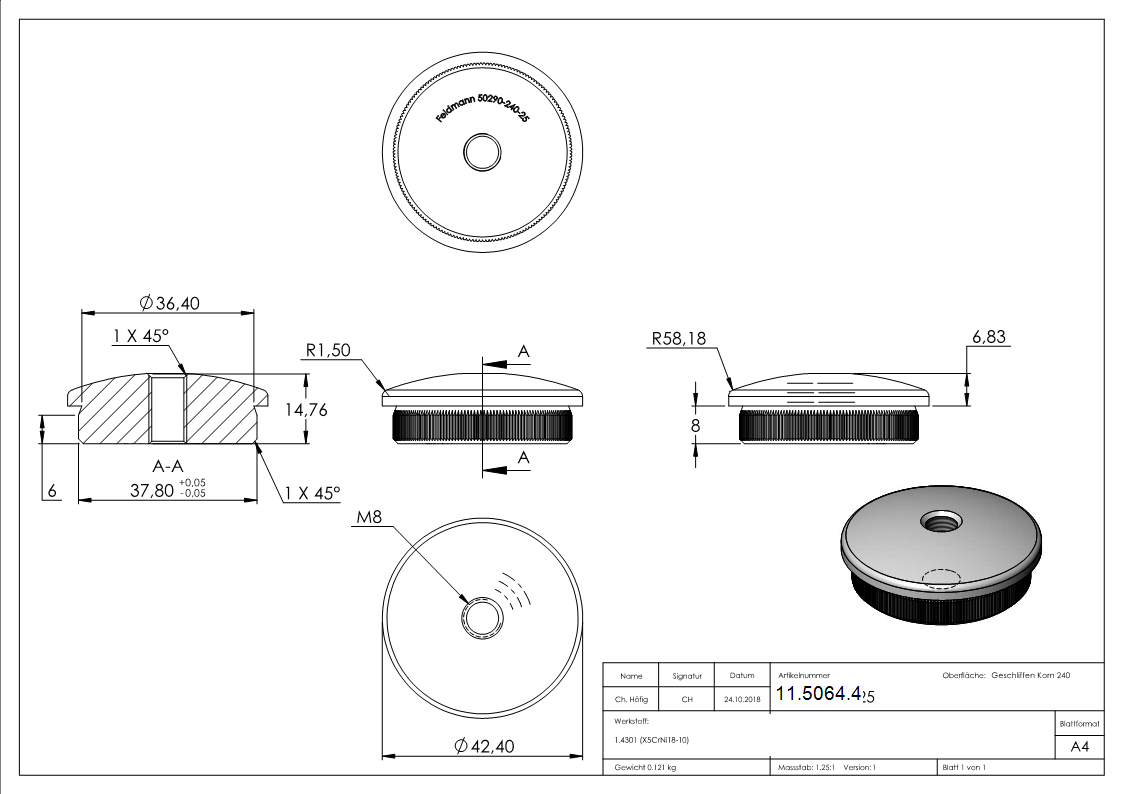 Bouchon légèrement bombé V2A matériau plein avec M8 pour Ø 42.4x2.6 mm