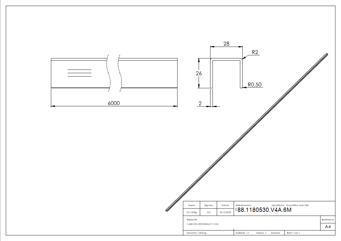 Profilé en U en acier inoxydable, 28 x 26 x 2mm, longueur : 6000mm