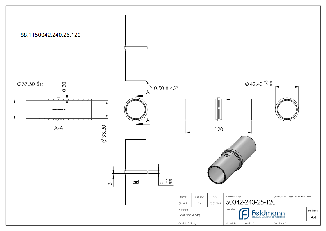 Steckverbinder V2A Ø 42-4 x 2-5 mm L 120 mm mit Mittelsteg-88-1150042-240-25.120