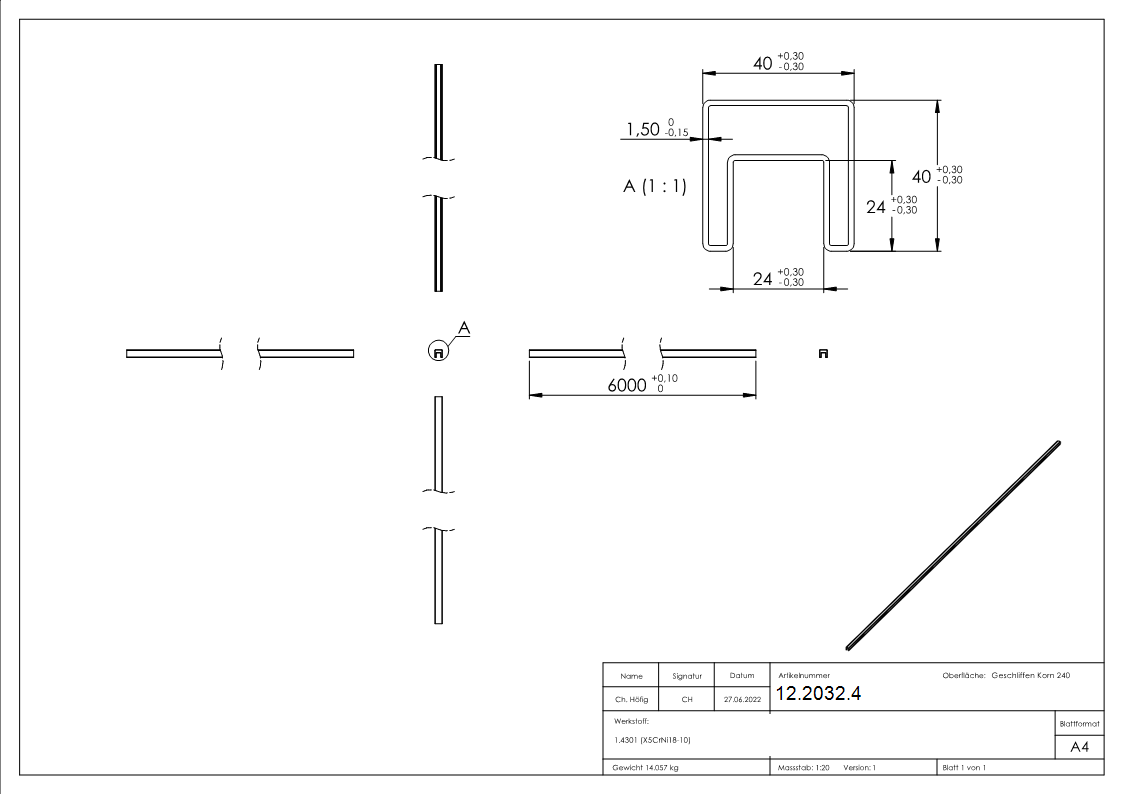 Tube carré rainuré | dimensions : 40x40x1,5 mm | avec rainure : 24x24 mm | longueur : 6000 mm | V2A