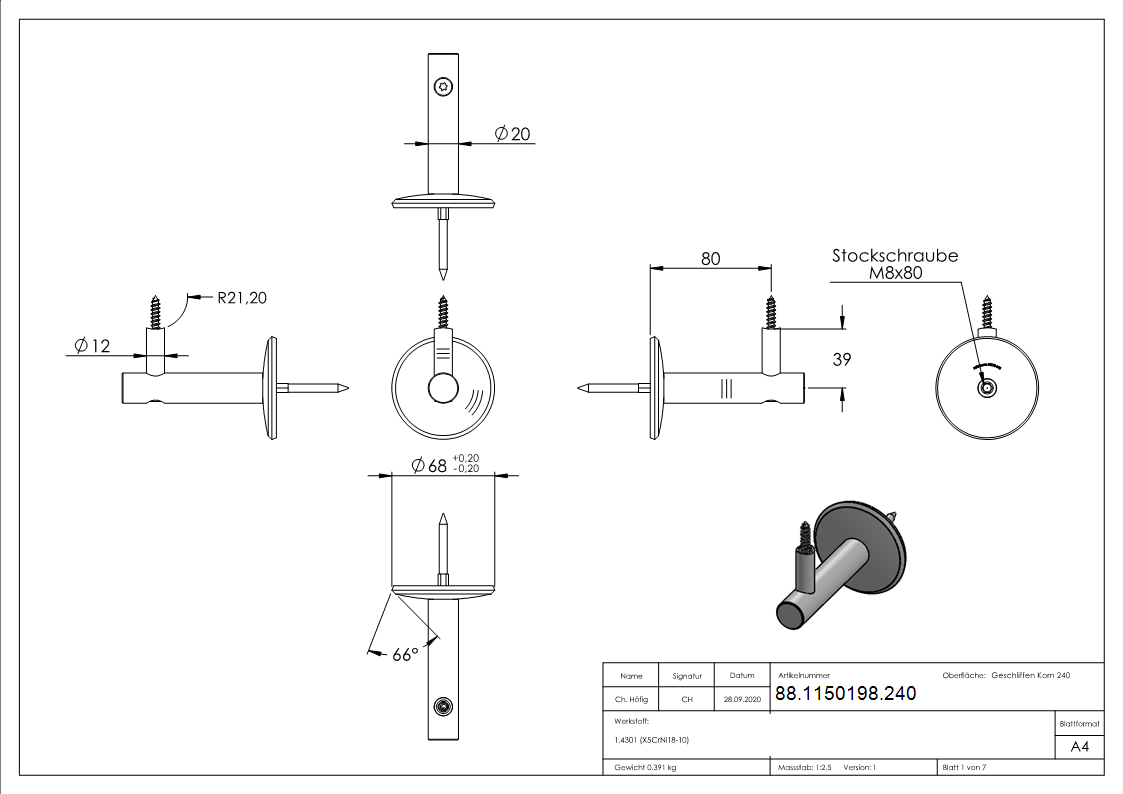 Handlaufhalter V2A Ronde Ø 70 mm Wandabstand 80 mm zum Anschrauben mit Holzschraube-88-1150198.240