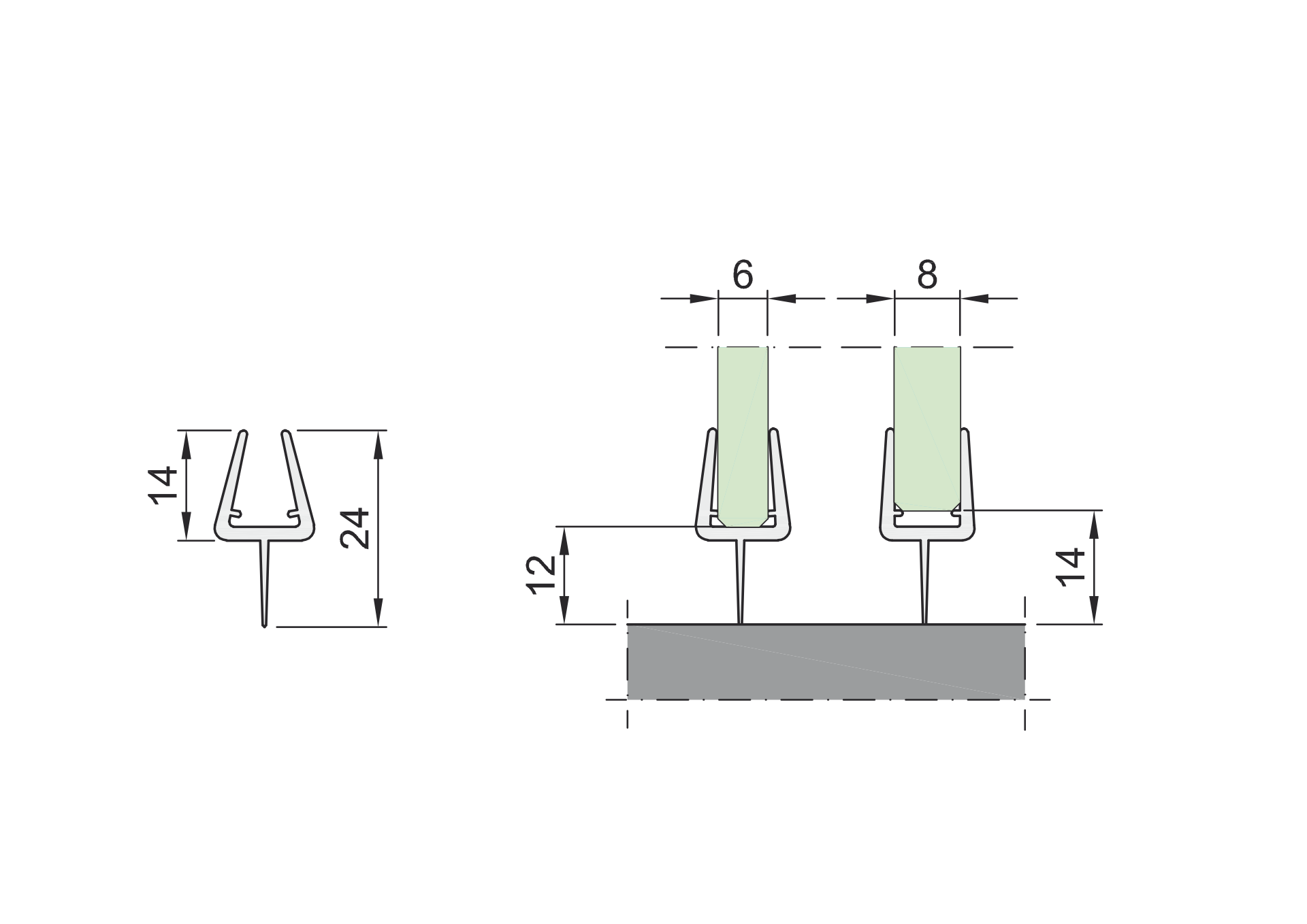Dichtungsleiste unten fuer Glastuer 6-8mm Glasstaerke- Kunststoff- 2500mm-89-11GSPVCDT68NT-A.4