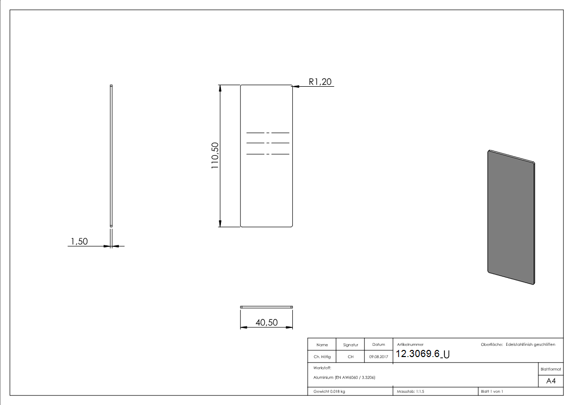 Embout | pour garde-corps tout verre | dimensions : 110.5x40.5x1.5 mm | aluminium