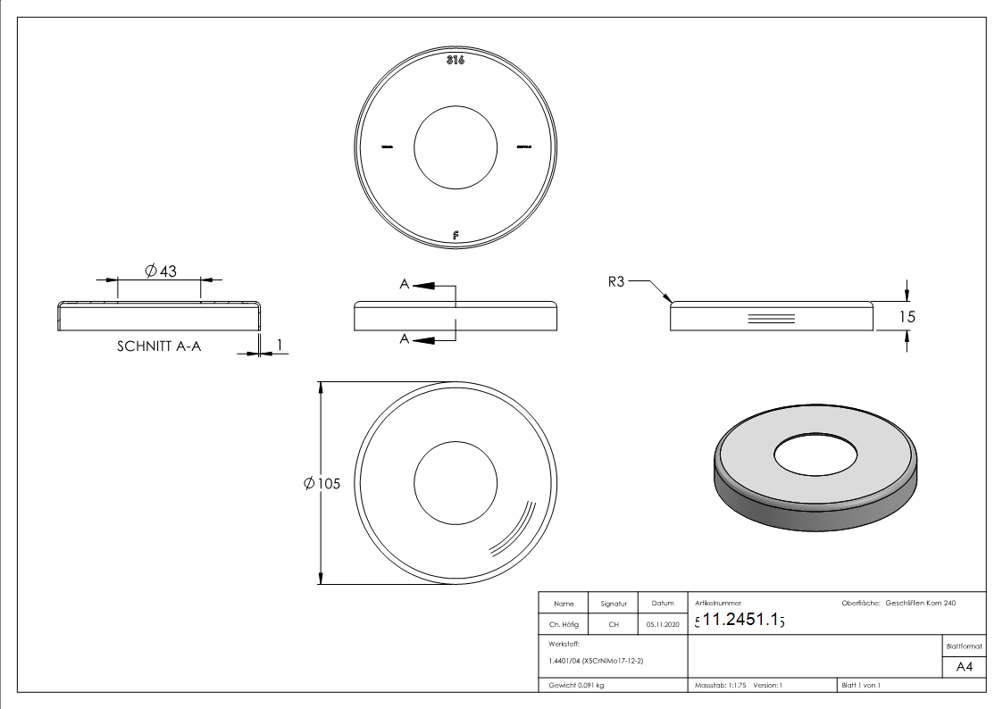 Rosette de couverture V4A 105x15 pour tube rond 42,4 mm