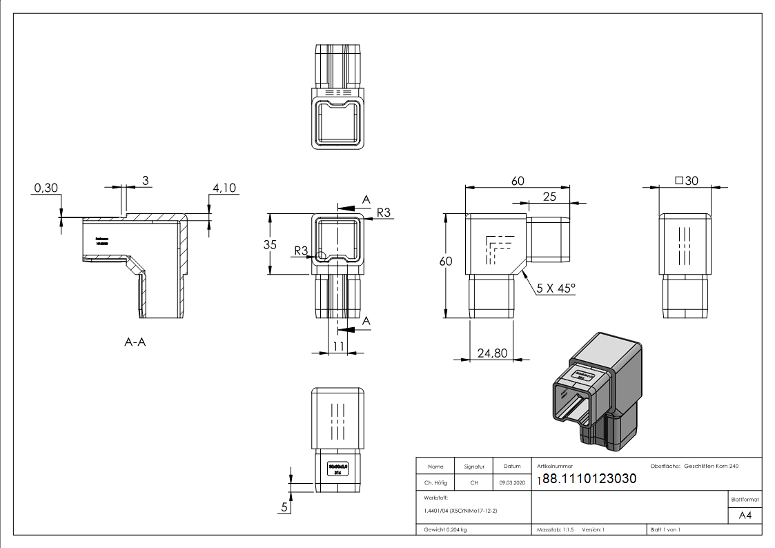 Eckverbinder V4A fuer Vierkantrohr 30 x 30 x 2-0 mm 90 Grad-88.1110123030