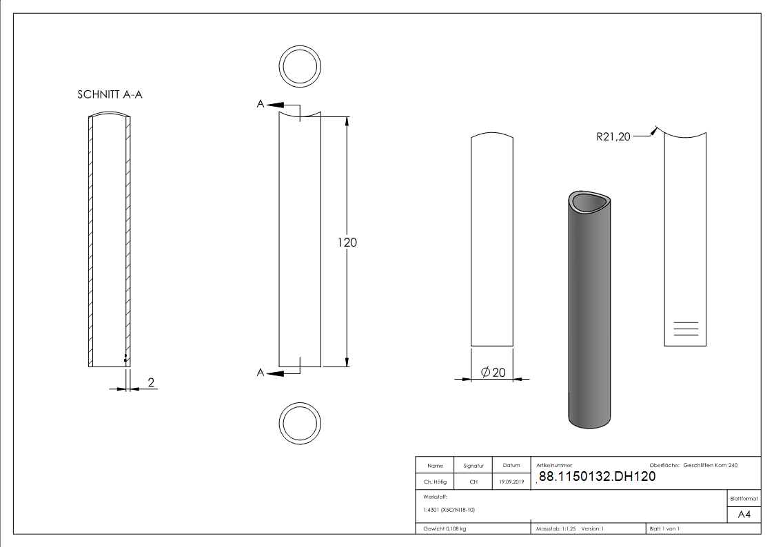 Distanzhuelse Edelstahl V2A L = 120 mm fuer Rohr Ø 42-4 mm einseitig ausgefraest-88-1150132.DH120