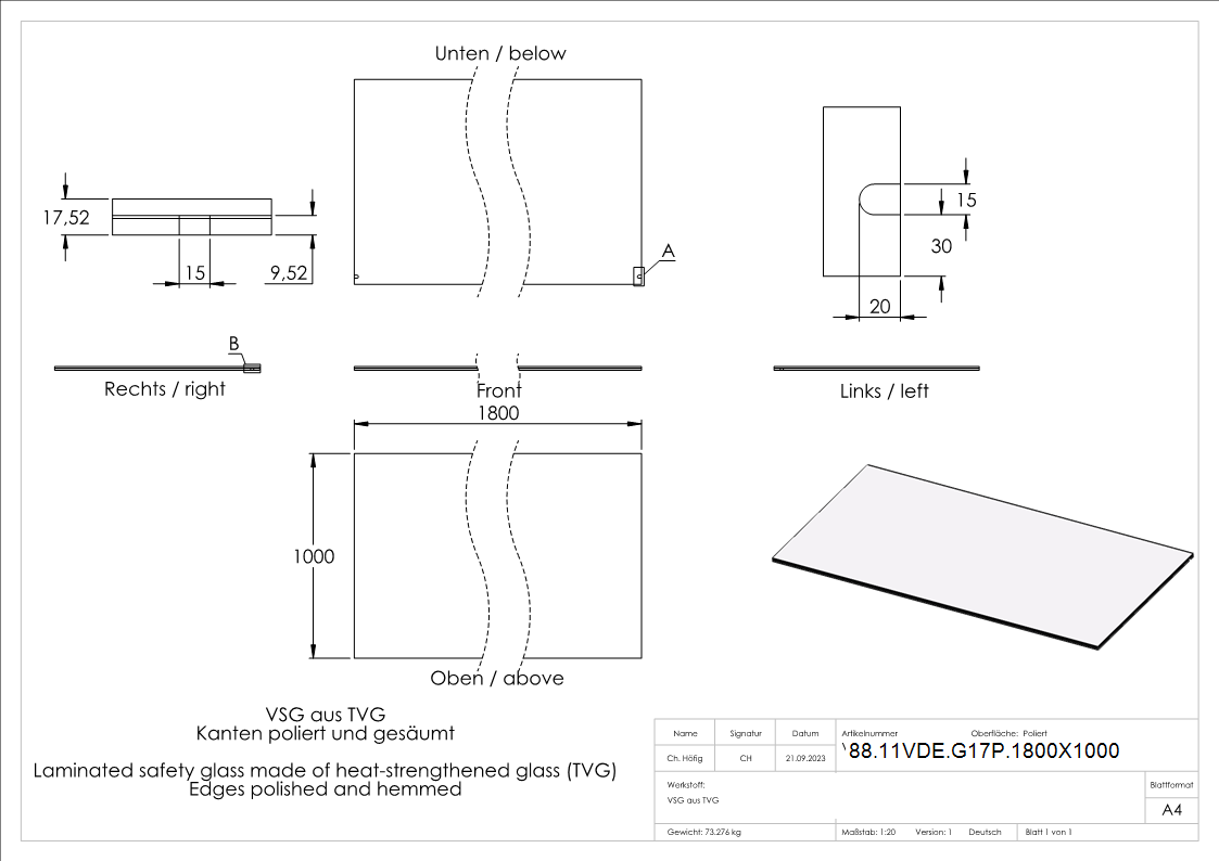 Eleganza canopy Glas- 1800x1000mm VSG aus 2x8mm TVG mit 1-52mm PVB-88-11VDE-G17P.1800X1000