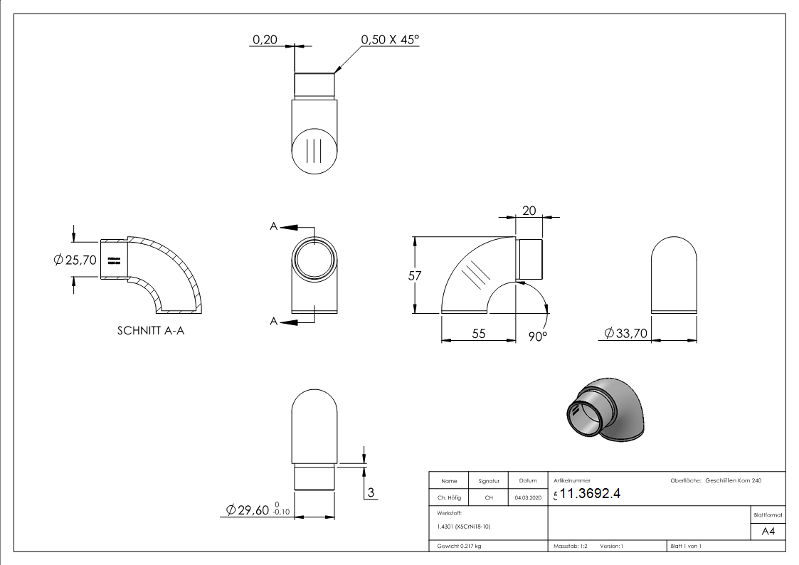 Embout 90° plat, pour tube rond Ø 33.7x2.0 mm V2A