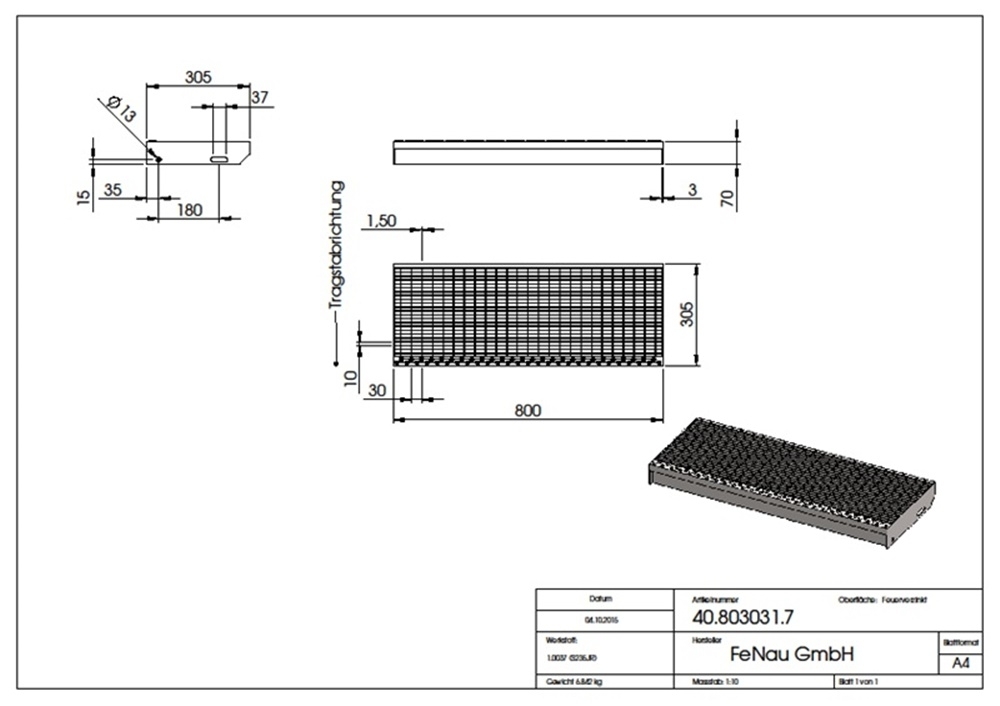 Marche en caillebotis Marche d'escalier | Dimensions : 800x305 mm 30/10 mm | S235JR (St37-2), galvanisé à chaud en bain complet