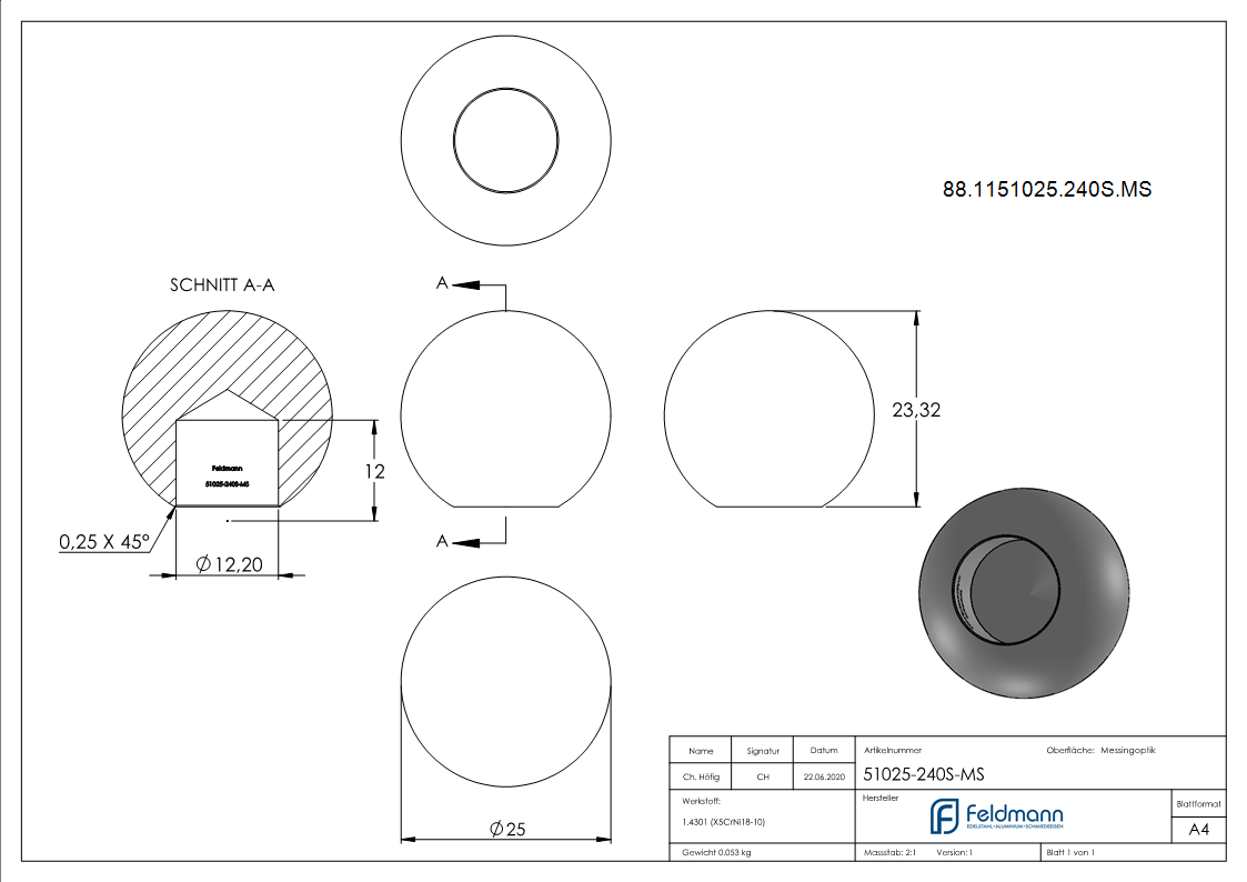 Boule en laiton Ø 25mm avec trou borgne 12,2mm