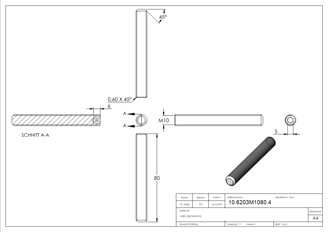 Goupille filetée M10 x 80 mm | V2A