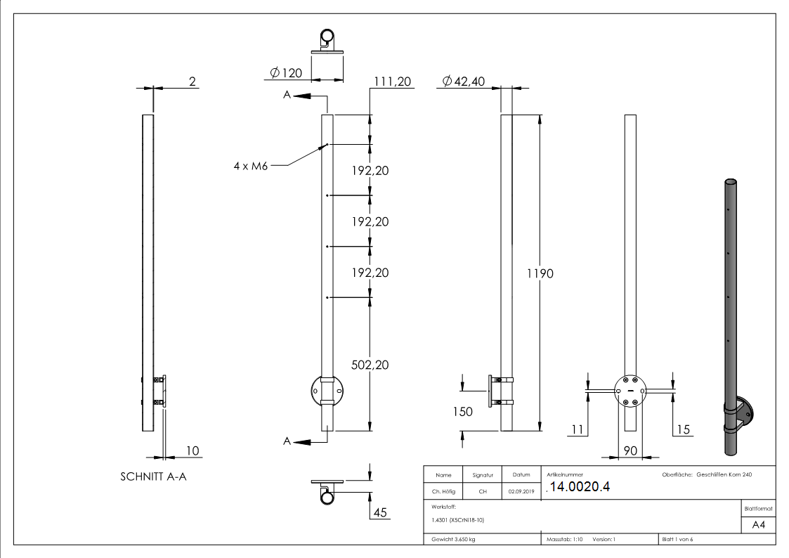 Gelaenderpfosten seitliche Montage fuer 4 Querstabhalter M6 Laenge- 1190 mm V2A-14-0020.4