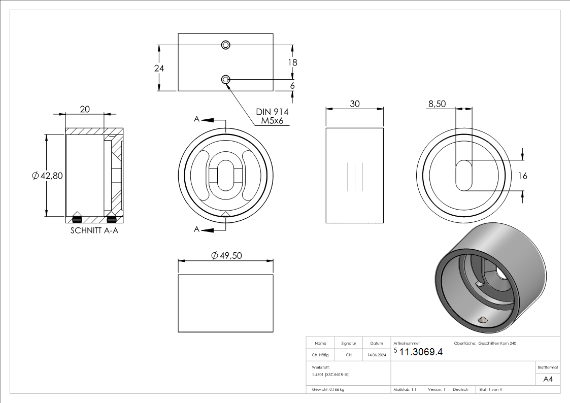 Raccordement mural V2A pour tube rond Ø 42,4 mm