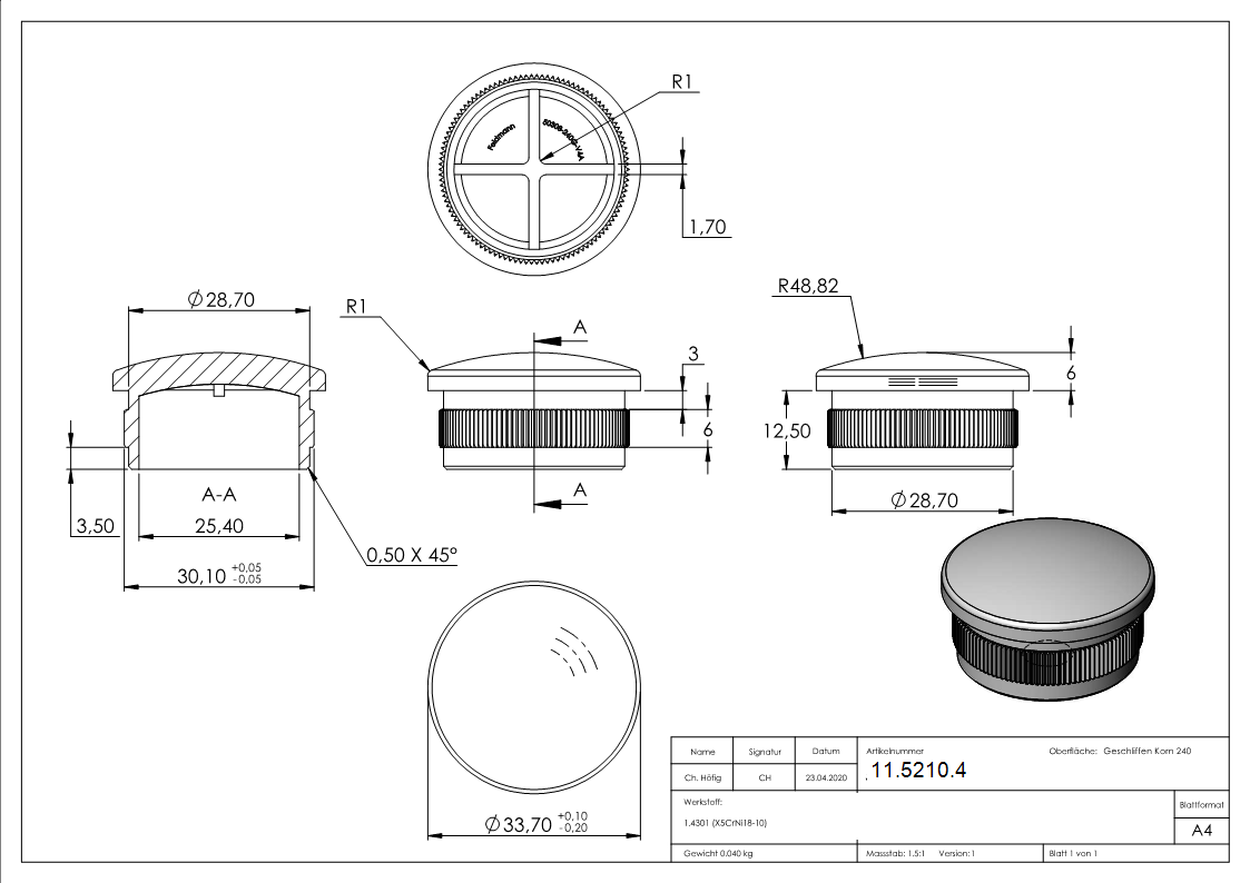Rohrstopfen fuer Ø 33-7x2-0 mm leicht gewoelbt zum Einschlagen V2A-11-5210.4