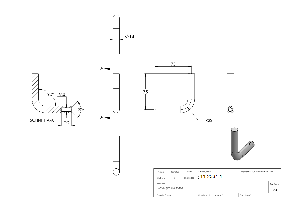 Edelstahl Buegel Ø 14 mm - M8 Innengewinde - zum Anschweissen -V4A-11-2331.1