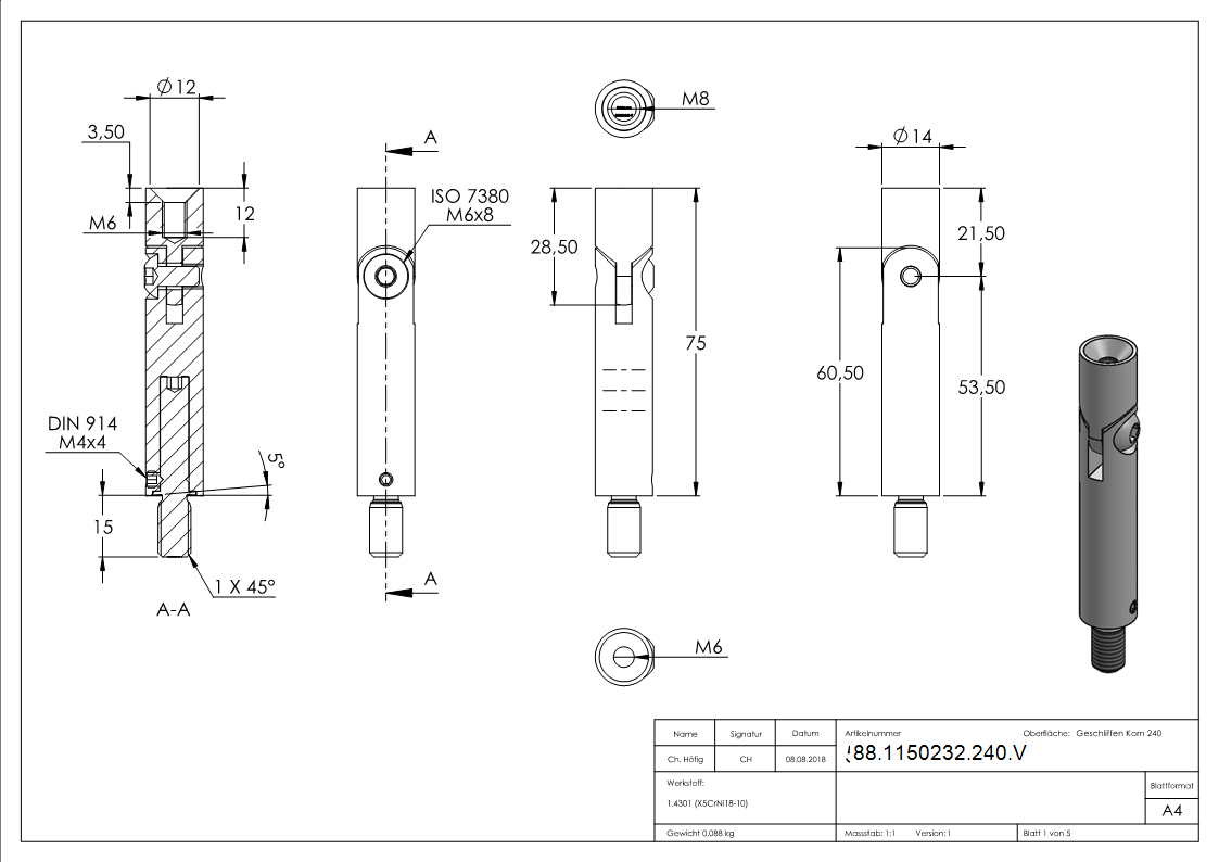 Goupille d'articulation Ø 14mm, longueur : 76mm, V2A