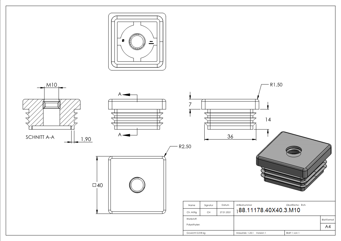 Capuchon en plastique pour tube carré 40x40mm, avec M10
