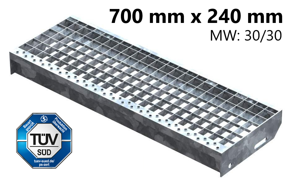 Marche en caillebotis Marche d'escalier | Dimensions : 700x240 mm 30/30 mm | S235JR (St37-2), galvanisé à chaud en bain complet