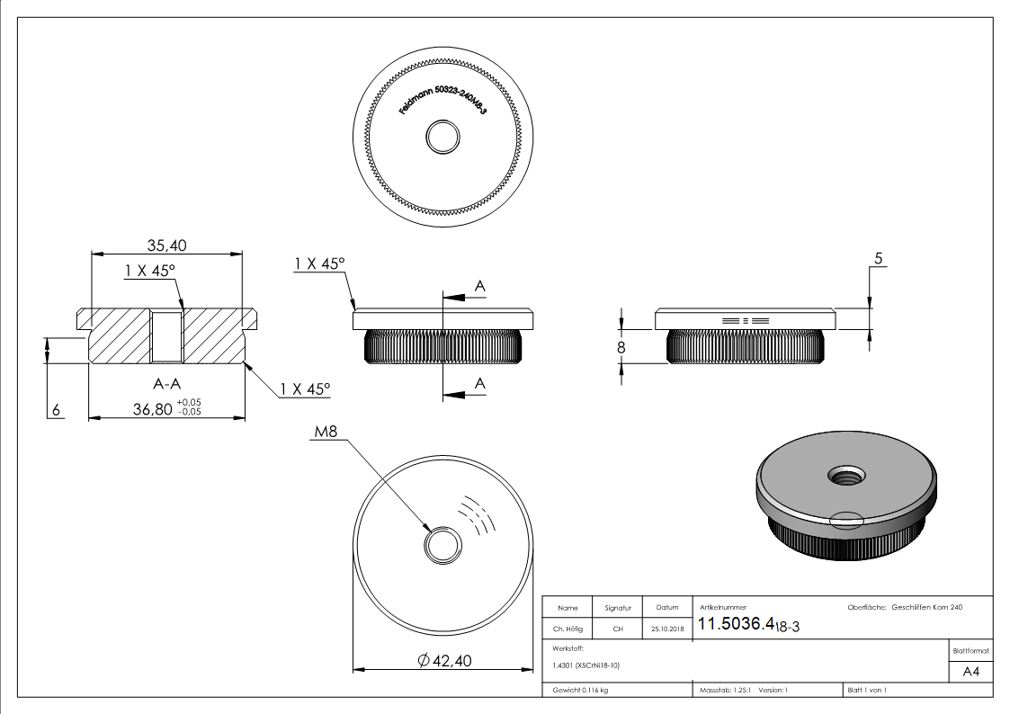 Bouchon plat avec M8 pour Ø 42,4x3,0 mm V2A matériau solide