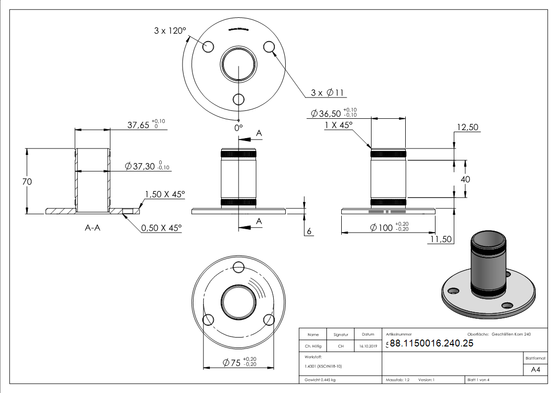 Ancrage au mur et au sol avec moletage pour tube 42,4 mm