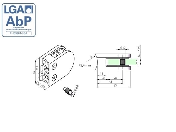 Glasklemme Edelstahl AISI 316 fuer Rundpfosten Ø 42-4 mm- Schliff-89-11A142200042-A.4