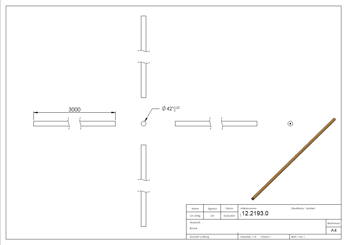 Holzhandlauf Buche- D=42mm- Laenge 3000mm-12-2193.0