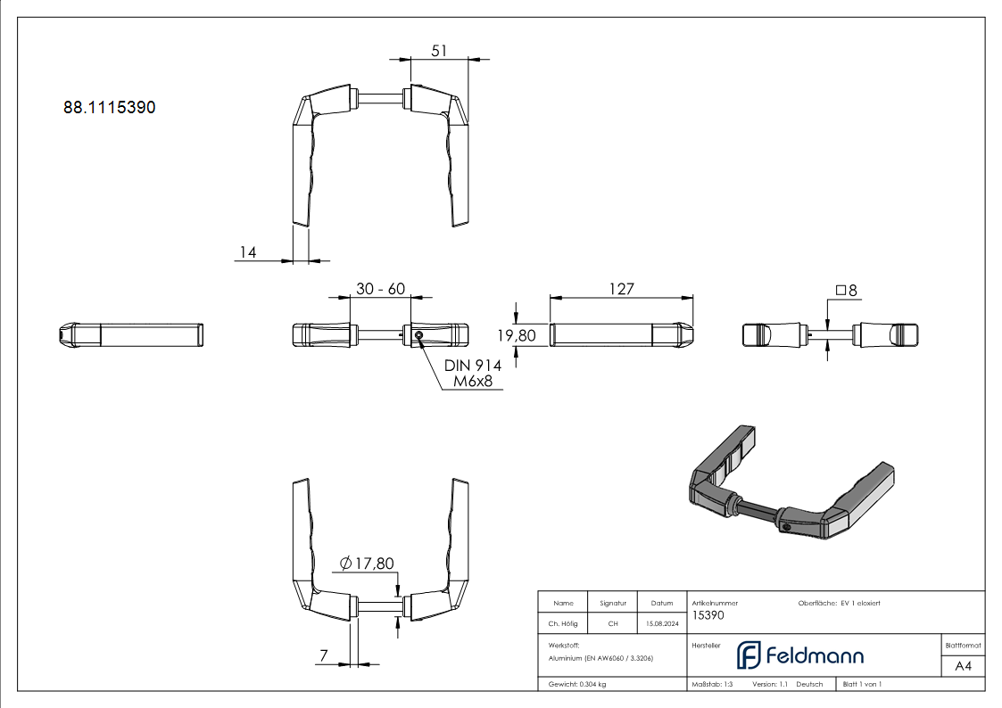 Tuerdruecker-Paar Aluminium gerade 8x8 mm Vierkantstift verzinkt-88.1115390