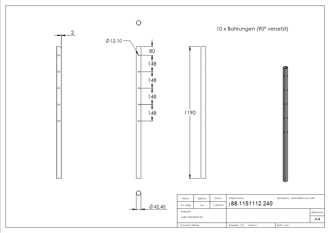 Edelstahlpfosten Edelstahl V2A Rohr Ø 42-4 x 2-0 mm H 1190 mm mit 5 Bohrungen Ø 12 mm-88-1151112.240
