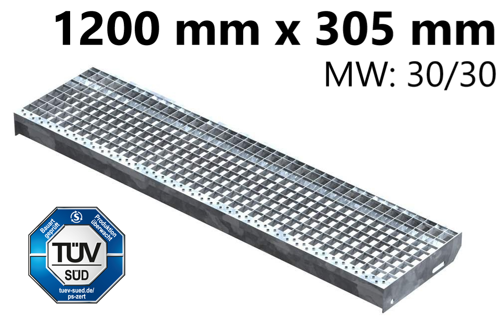 Marche en caillebotis Marche d'escalier | Dimensions : 1200x305 mm 30/30 mm | S235JR (St37-2), galvanisé à chaud en bain complet
