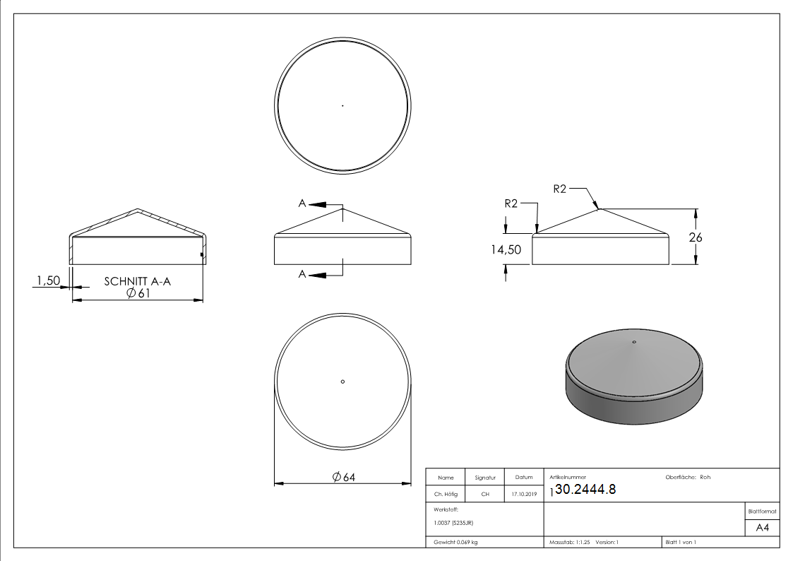 Capuchon de protection | pour tube rond | Ø 60.3 mm | acier S235JR, brut