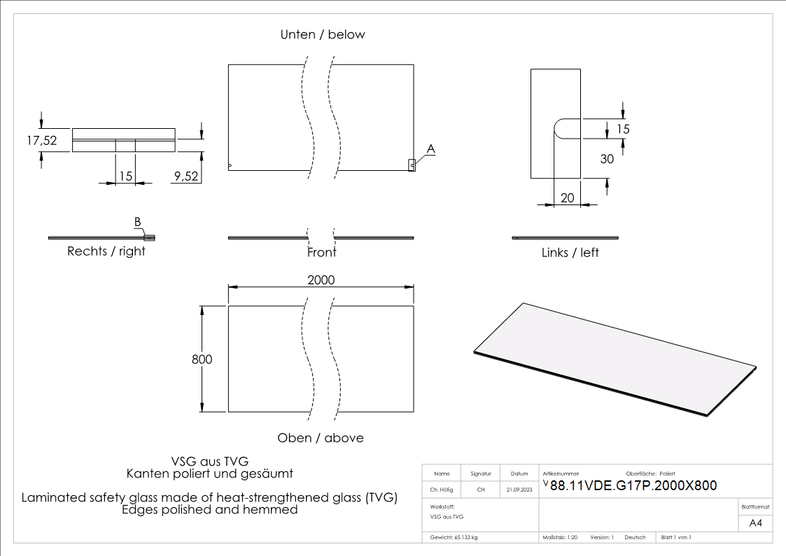 Vordachglas VSG aus 2x8mm TVG mit 1-52mm PVB 2000x800 mm Eleganza canopy-88-11VDE-G17P.2000X800
