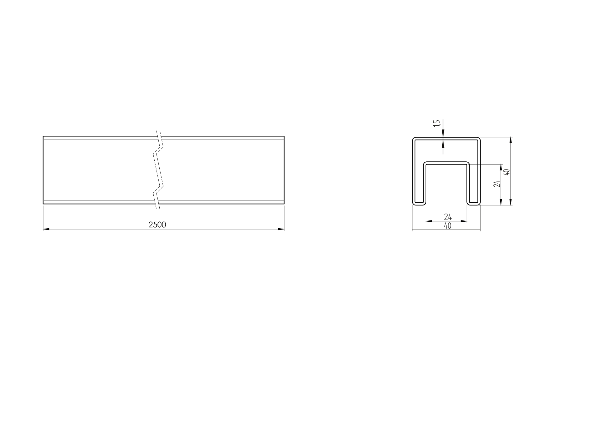U-Profil Handlauf Edelstahl V2A 40x40x1-5 mm fuer Glas mit LED-Kanal 2500 mm-89-11A6925040-A.4