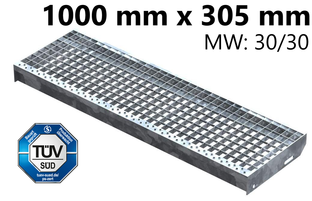 Marche en caillebotis Marche d'escalier | Dimensions : 1000x305 mm 30/30 mm | S235JR (St37-2), galvanisé à chaud en bain complet