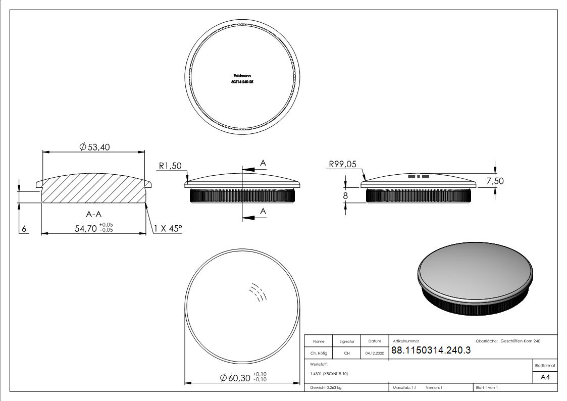 Bouchon, pour tube 60,3 x 3,0mm, V2A