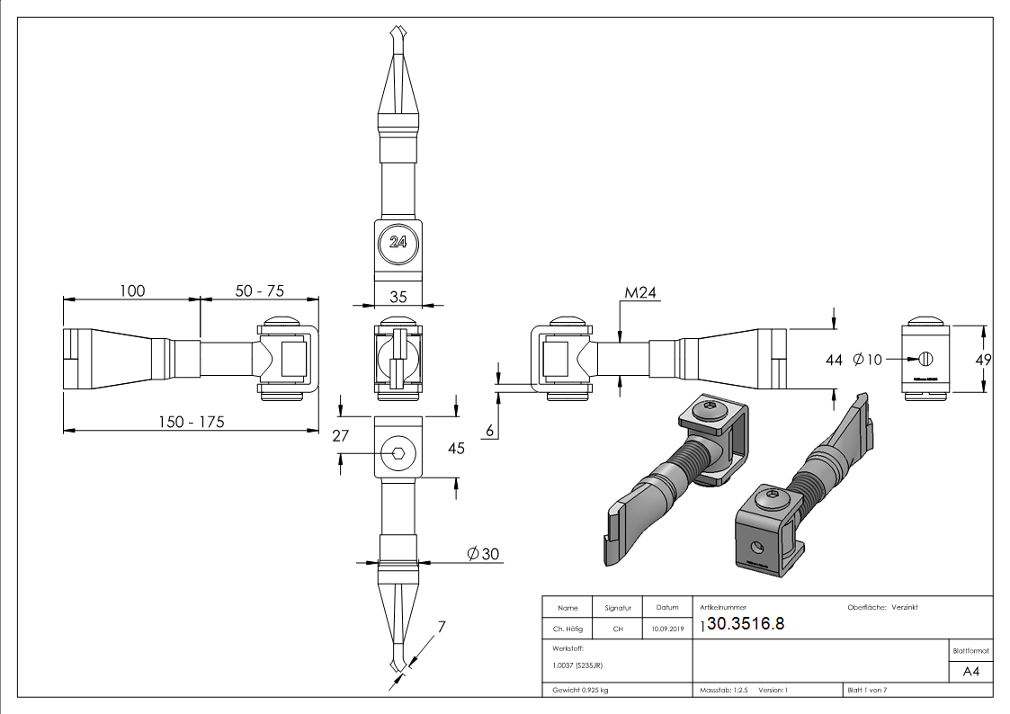 Charnière de portail M24 | réglable | à encastrer | acier (brut) S235JR