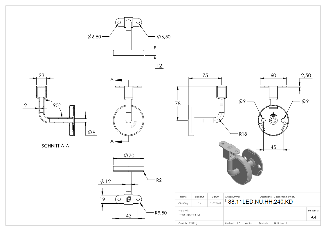 Handlaufhalter V2A fuer Nut 24x24mm konvex- Kabeldurchfuehrung-88-11LED-NU-HH-240.KD